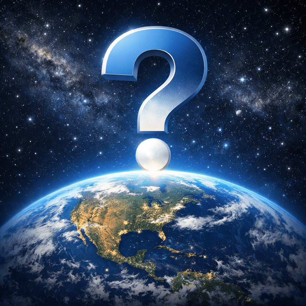 Large blue question mark floating above Earth in space