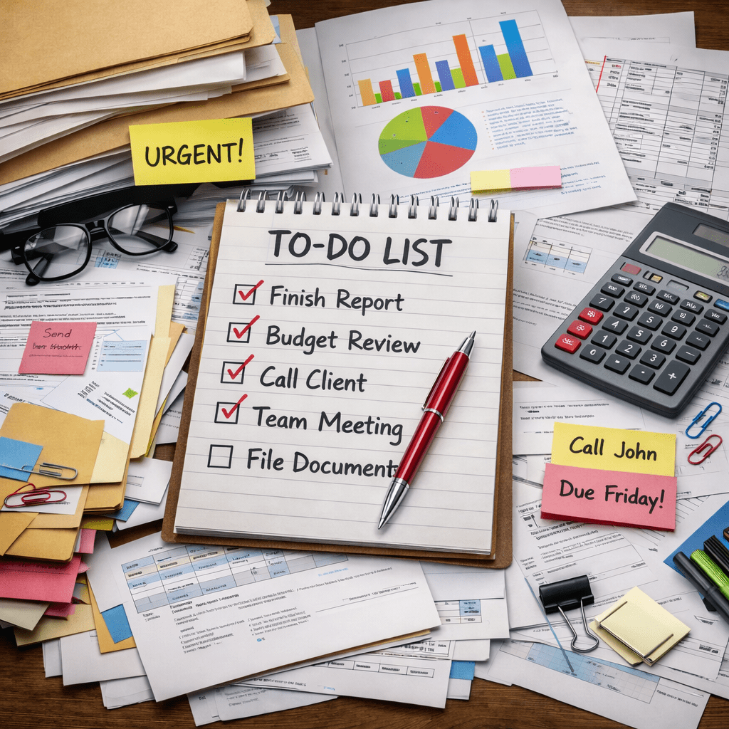 Notebook with to-do list showing checked and unchecked tasks amidst office papers and supplies