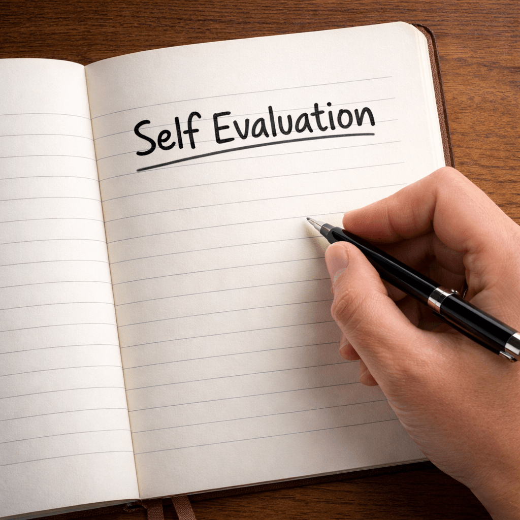 'Self Evaluation' written at the top of a lined notebook page with a hand holding a pen poised to write